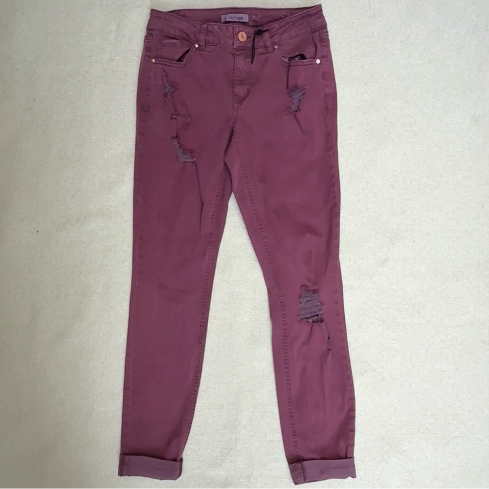 Refuge Maroon Red Distressed Burgundy Skinny Tapered Stretch Jeans Rock Chic S 0